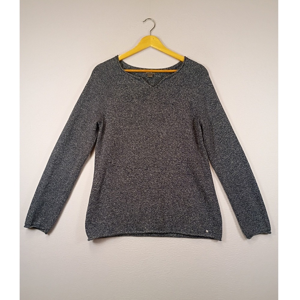 Coastal Cabin Eddie Bauer Womens Medium Blue Marled Knit Notched Neck Sweater